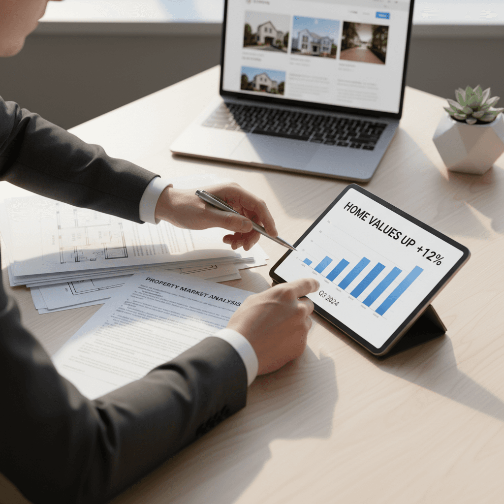 Real estate professional reviewing high-quality listing media and drone footage on computer