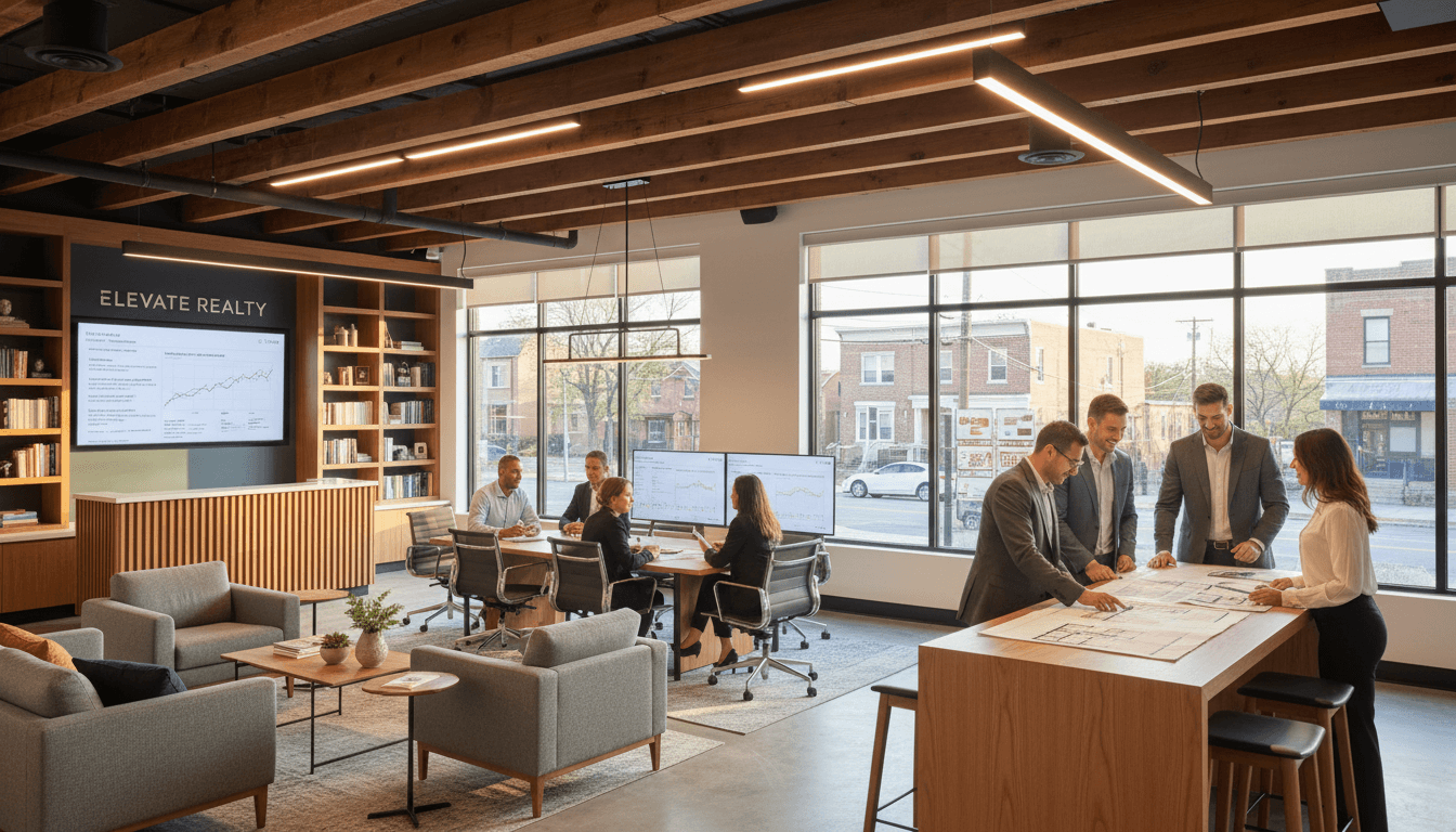 Real estate agent reviewing professional listing photos and videos on laptop in bright, modern office