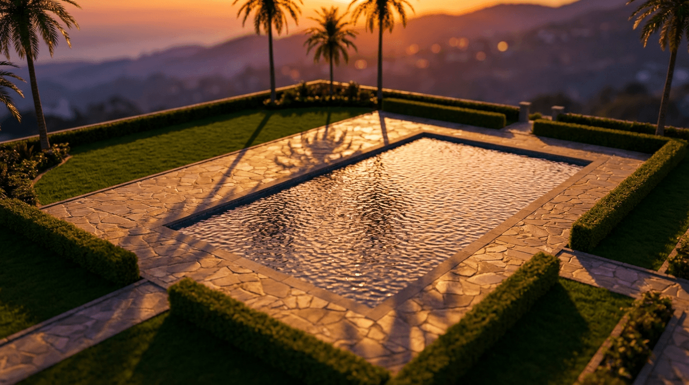 Aerial drone view of residential property at golden hour