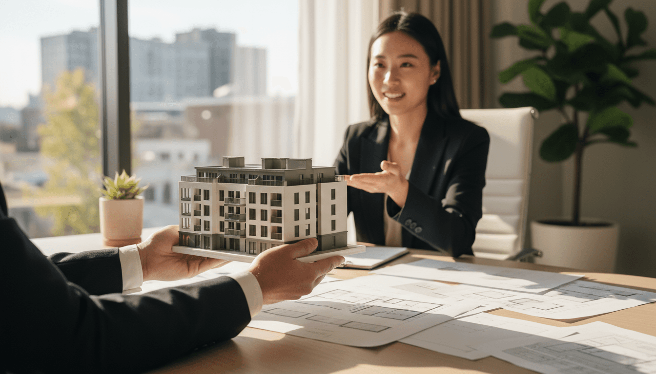 Real estate agent presenting or explaining a listing feature