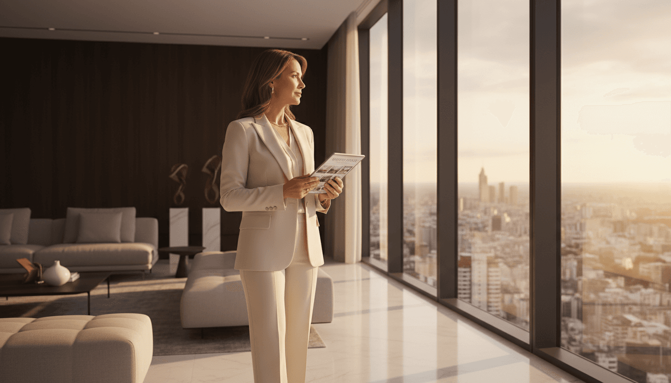 Real estate agent reviewing listing materials in a bright, modern home